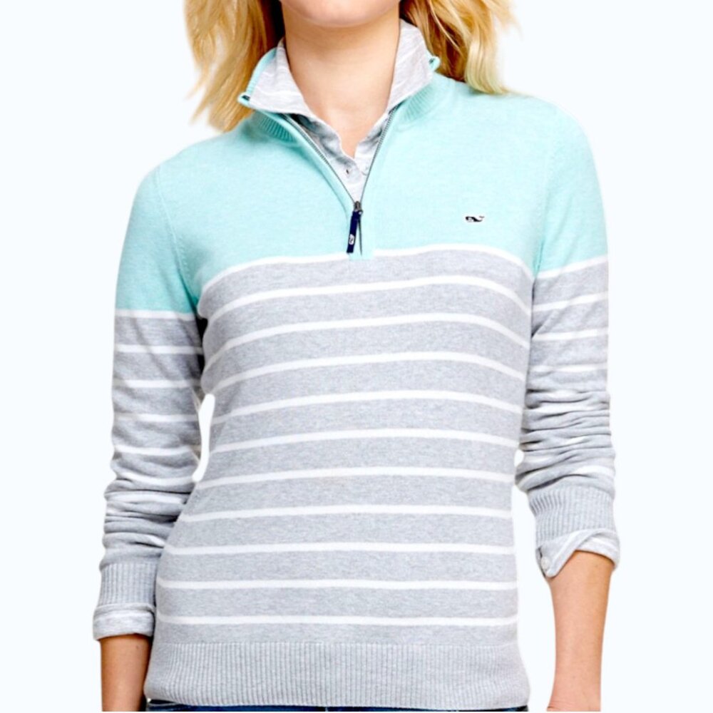 Vineyard Vines 1/4 Zip Stripe Knit Sweater - Aqua/Gray Stripe - XL - Picture 1 of 10